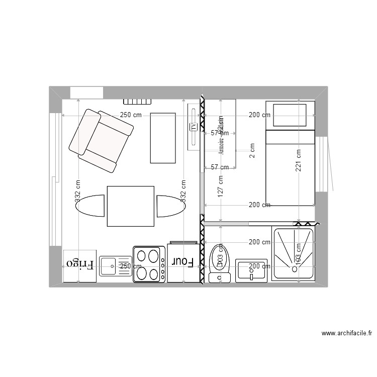 plabn3. Plan de 3 pièces et 15 m2