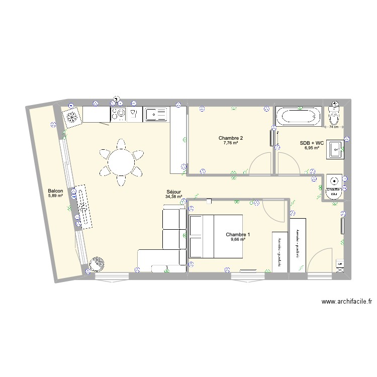 Appartement à rénover Plan C. Plan de 5 pièces et 65 m2