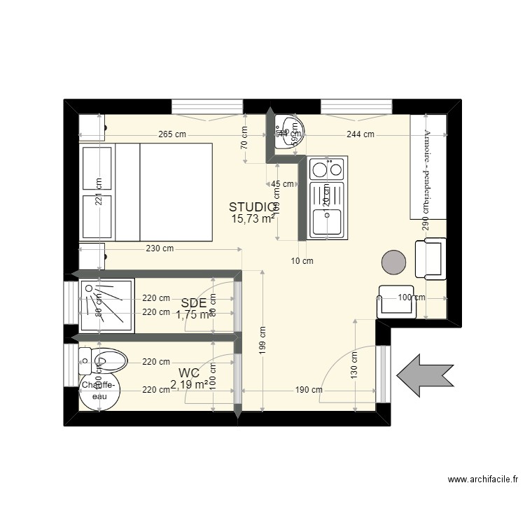 STUDIO PROJECTION. Plan de 3 pièces et 20 m2