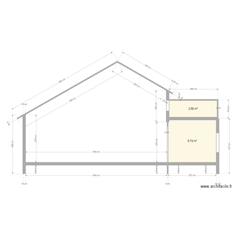 COUPE TERRASSE . Plan de 2 pièces et 9 m2