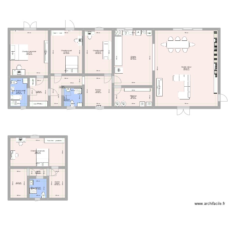 maison. Plan de 16 pièces et 221 m2