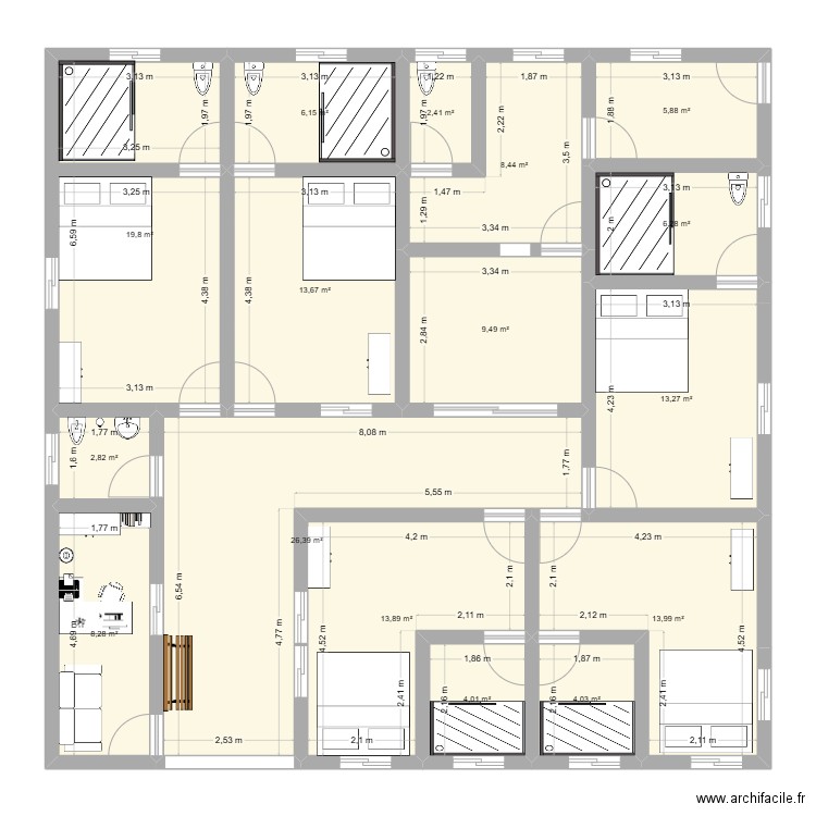 muskuy. Plan de 16 pièces et 159 m2