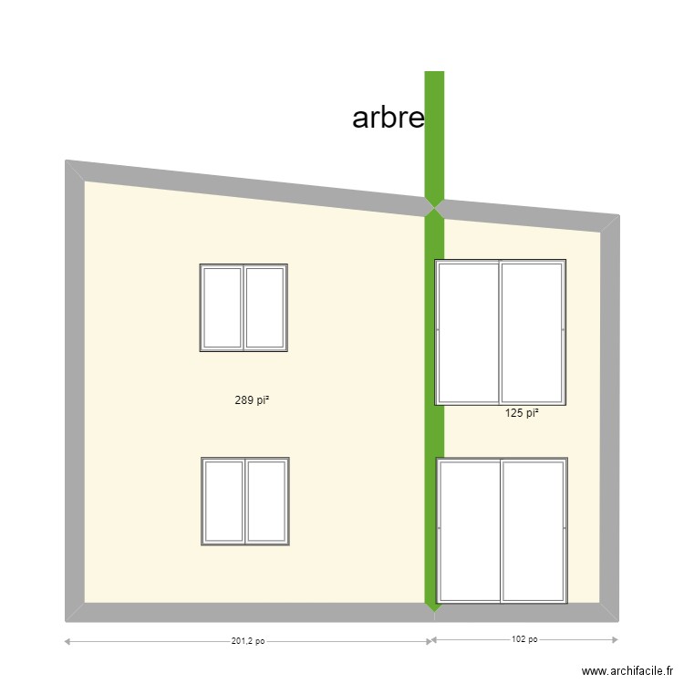 façade arrière avec arbre  (def). Plan de 2 pièces et 38 m2