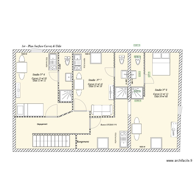 1er - Plan Surface Carrez et Utile. Plan de 7 pièces et 74 m2