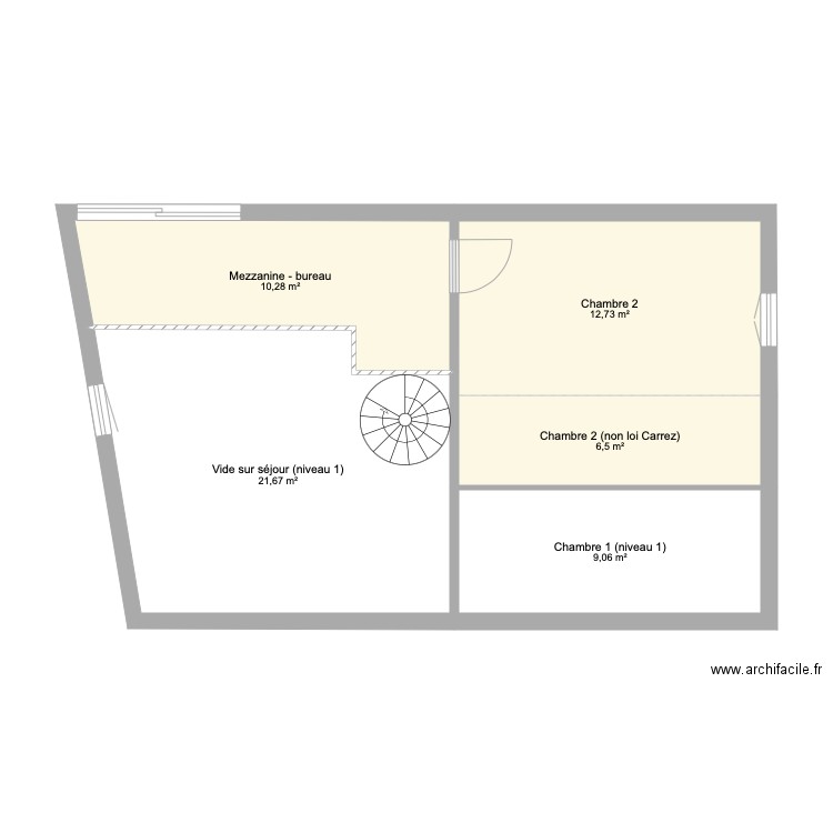 Duplex niveau 2. Plan de 5 pièces et 60 m2