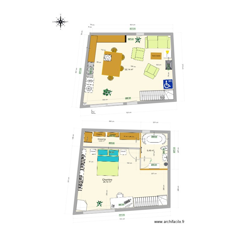 Plomberie. Plan de 4 pièces et 69 m2