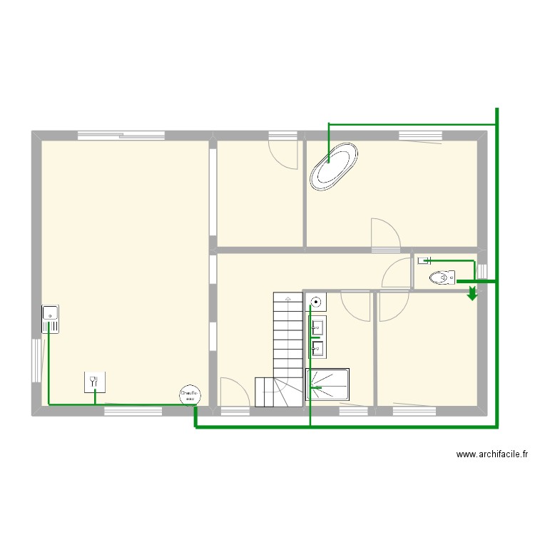 DAVID/GAUCHER - RDC plomberie évacuation. Plan de 7 pièces et 84 m2