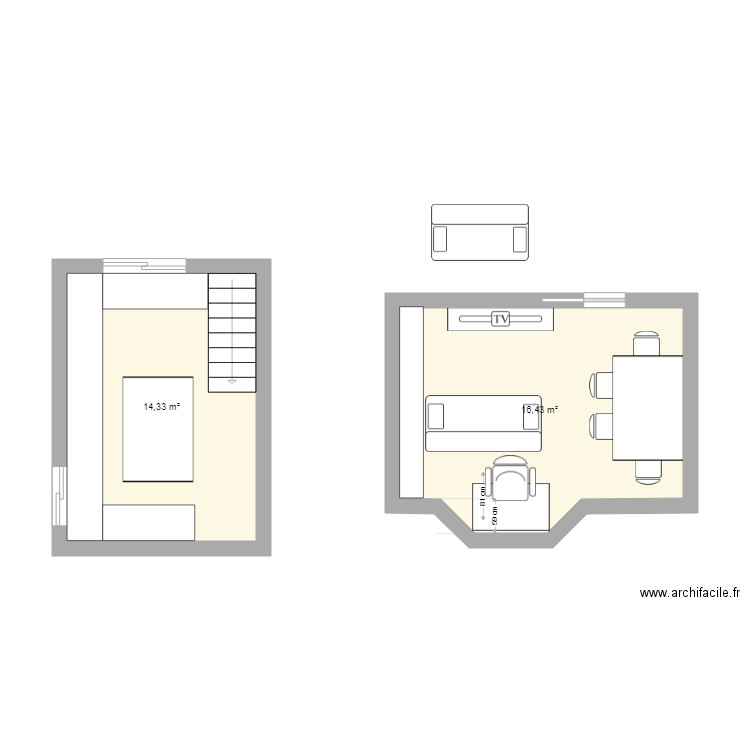 Test mobilier 2. Plan de 2 pièces et 31 m2