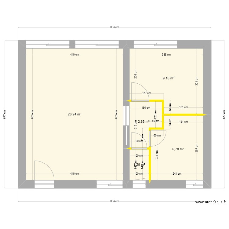 extension cloisons et portes . Plan de 5 pièces et 47 m2