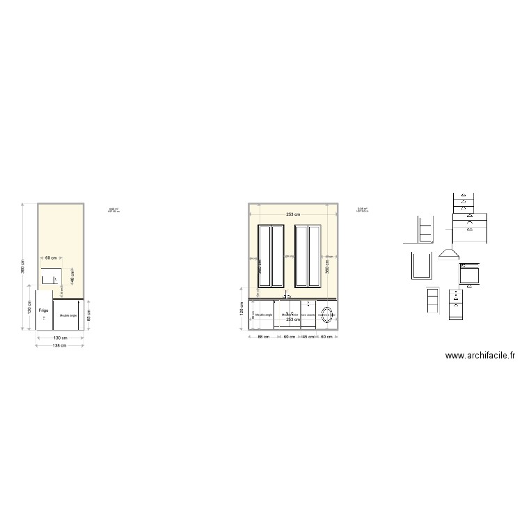 Cuisine  coupe C. Plan de 2 pièces et 14 m2