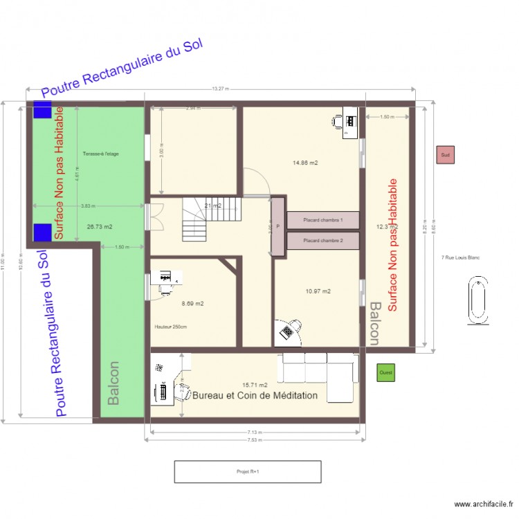 projet 1er etage une seul toiture avec grand terasse. Plan de 0 pièce et 0 m2