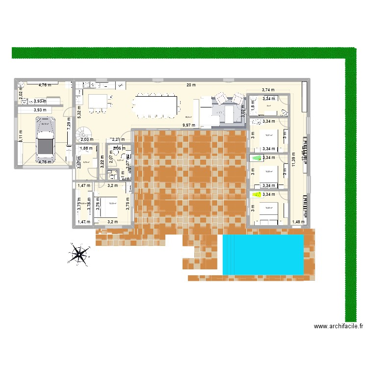 U Kerouezec v1. Plan de 13 pièces et 200 m2