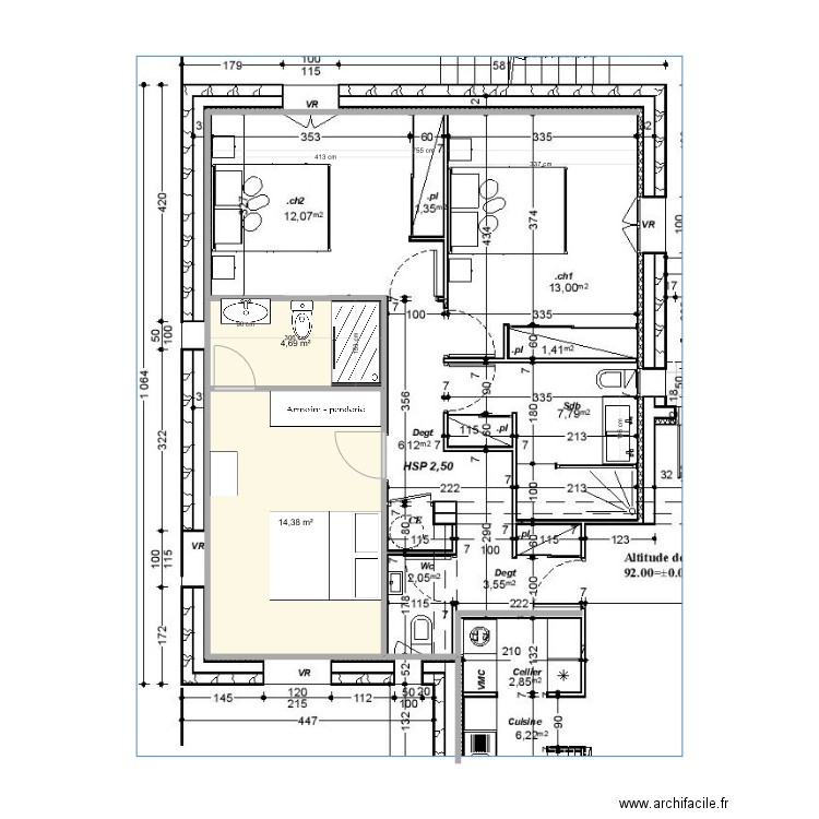 Salle de bain Guagliola V2. Plan de 2 pièces et 19 m2