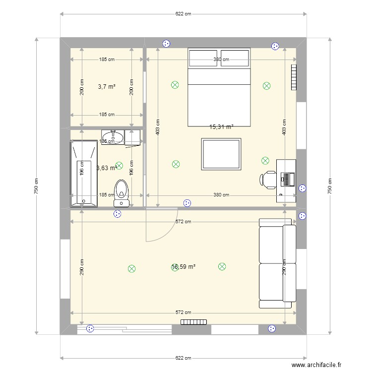 extension. Plan de 4 pièces et 39 m2