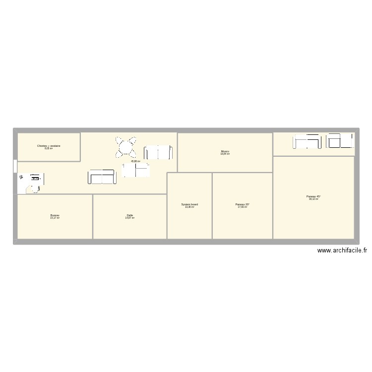 Salle 150m2 rectangle. Plan de 8 pièces et 170 m2