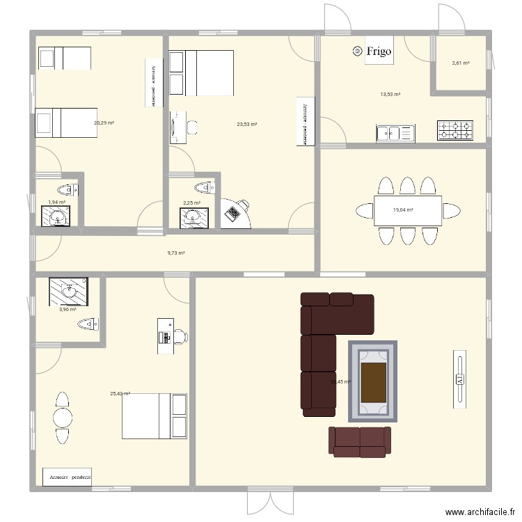 plan de 3 chambres salon avec salle à manger et cuisine . Plan de 11 pièces et 179 m2