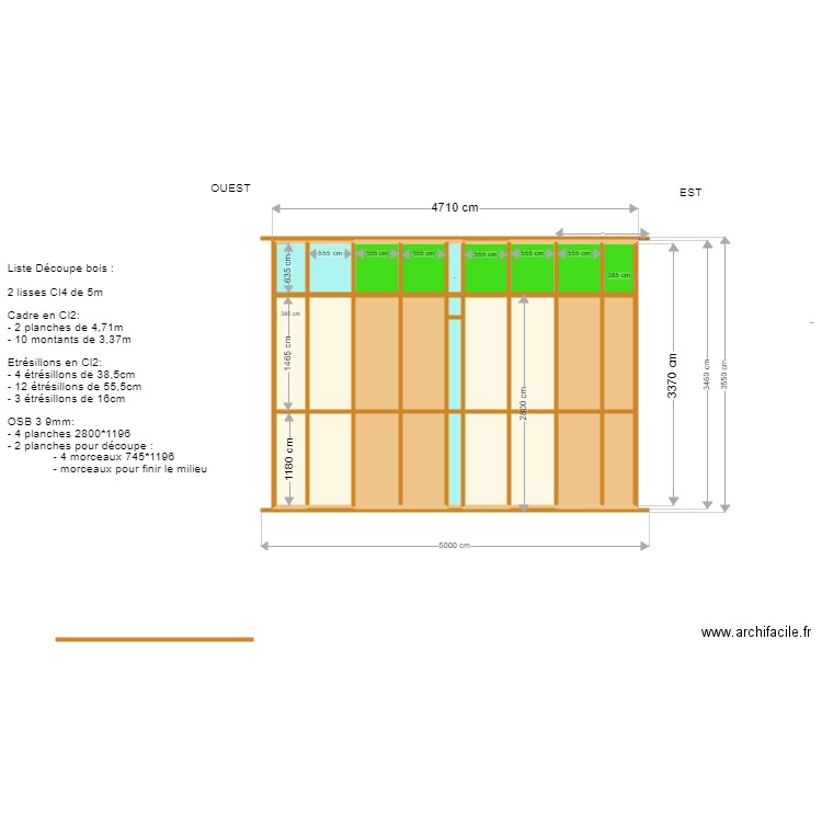 plan de l ossature mur SUD. Plan de 0 pièce et 0 m2