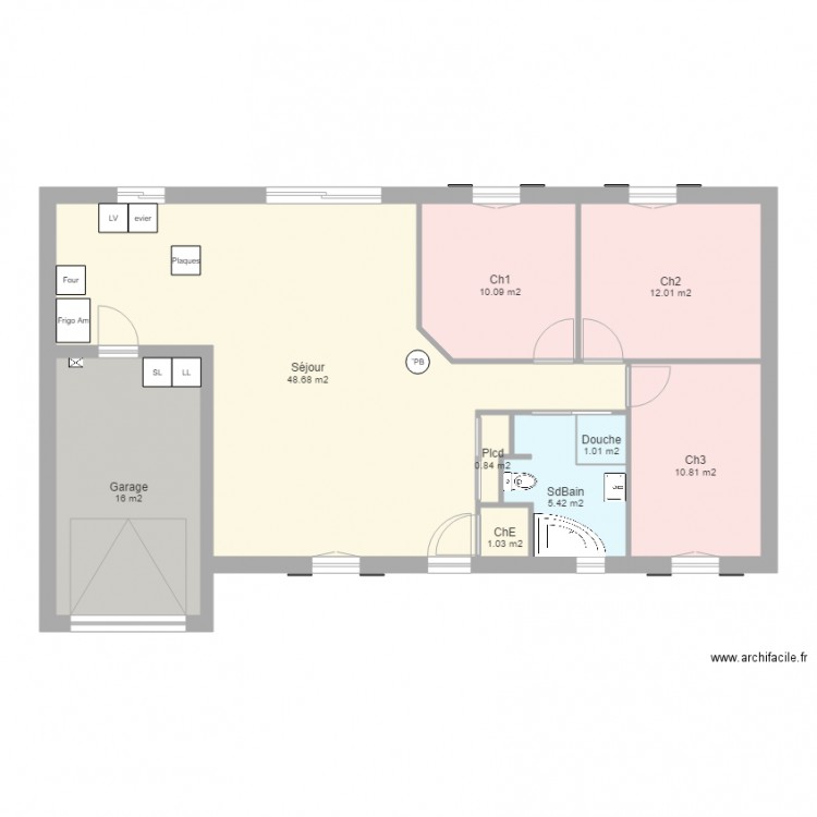 Maison 3ch garage. Plan de 0 pièce et 0 m2
