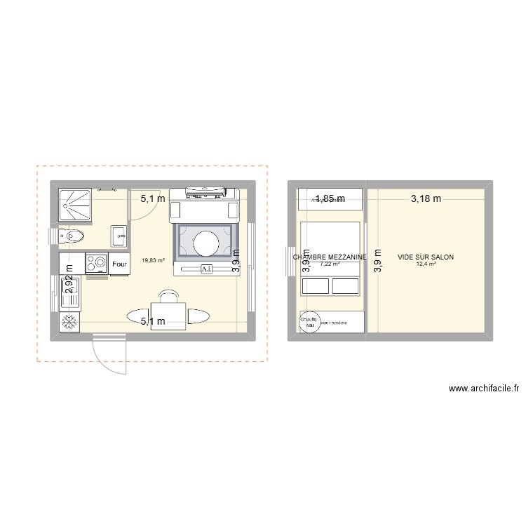 STUDIO RDC. Plan de 3 pièces et 39 m2