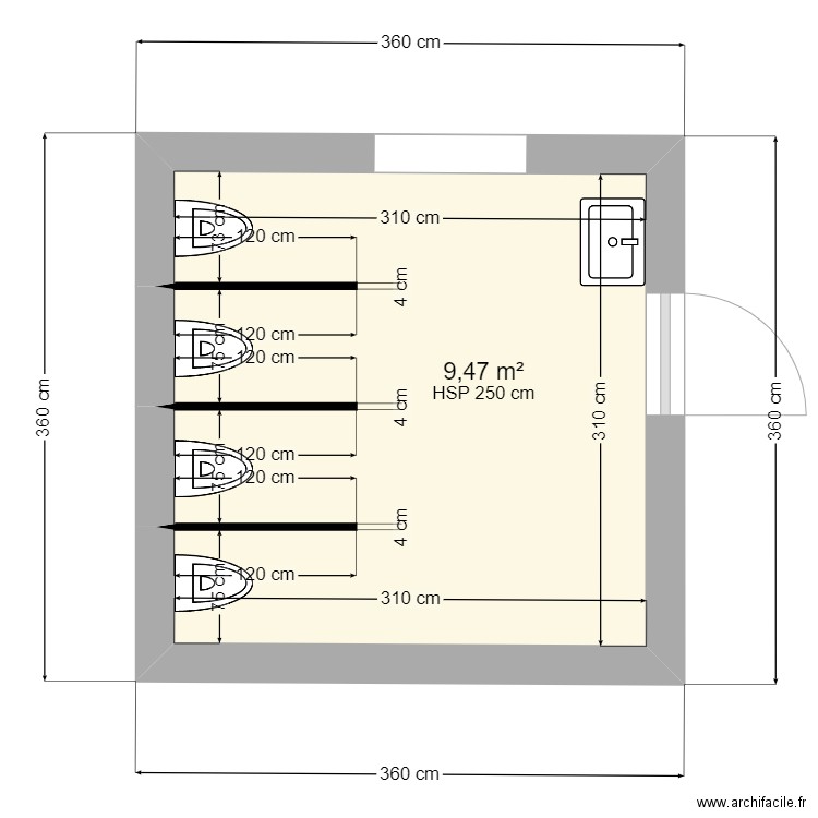 sanitaires école couronne Professeurs . Plan de 1 pièce et 9 m2