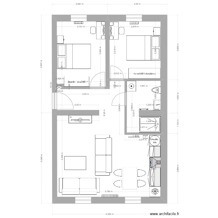 Algrange F3 avec meubles. Plan de 3 pièces et 54 m2