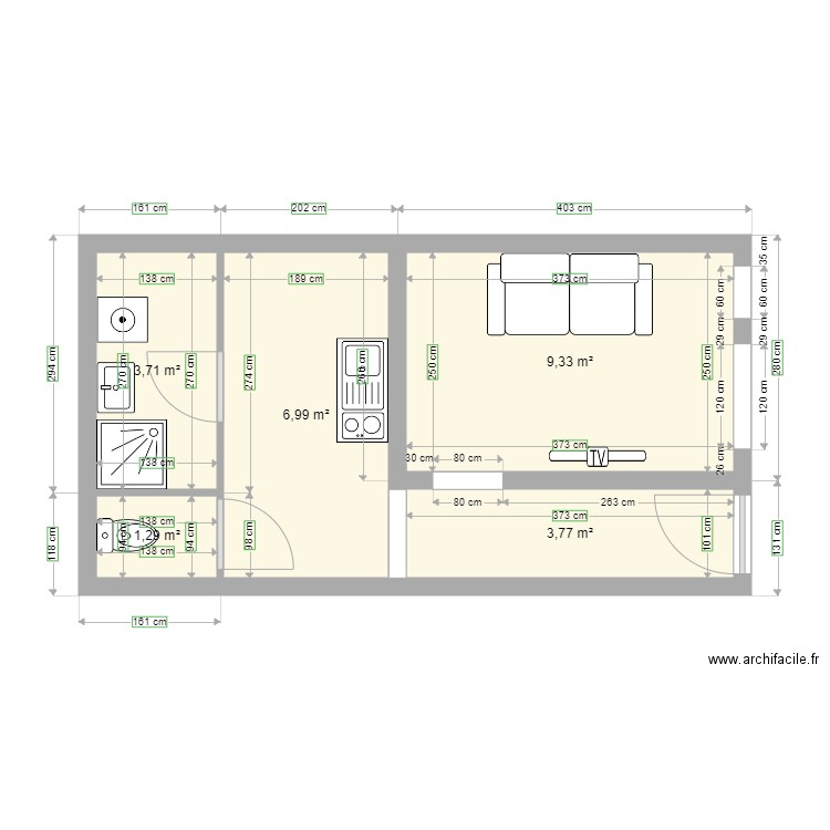 Studio débarras. Plan de 5 pièces et 25 m2