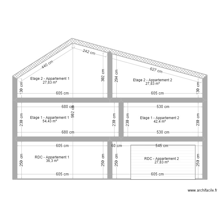 Coupe implantation générale. Plan de 6 pièces et 88 m2