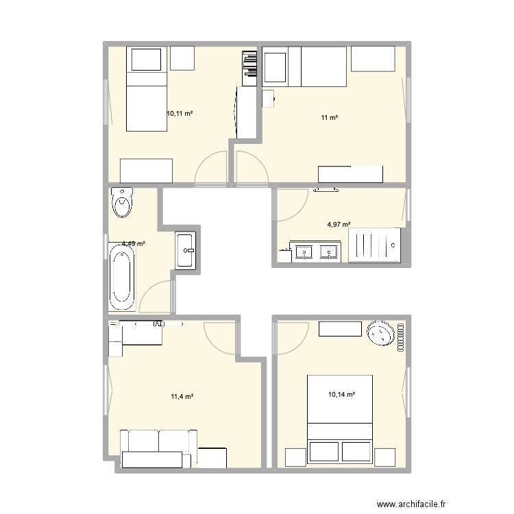 Chambres. Plan de 6 pièces et 52 m2