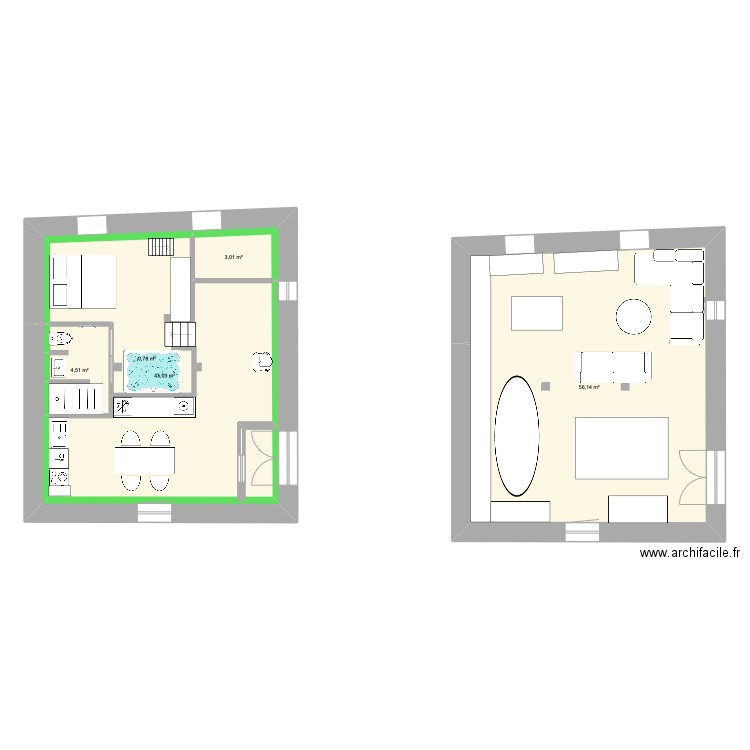studio. Plan de 2 pièces et 52 m2