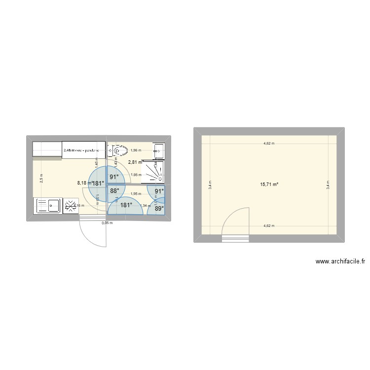 Local sanitaire. Plan de 3 pièces et 27 m2