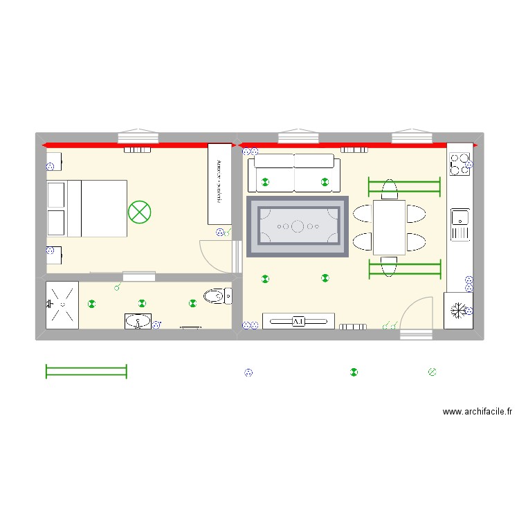 knutane F2. Plan de 3 pièces et 45 m2