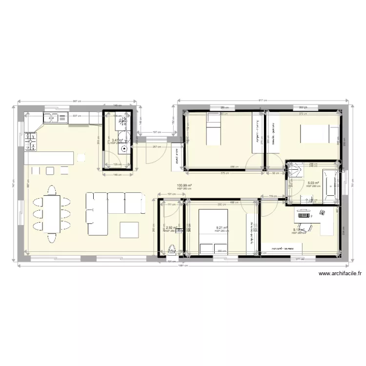 Plan maison rectangle 100m2. Plan de 