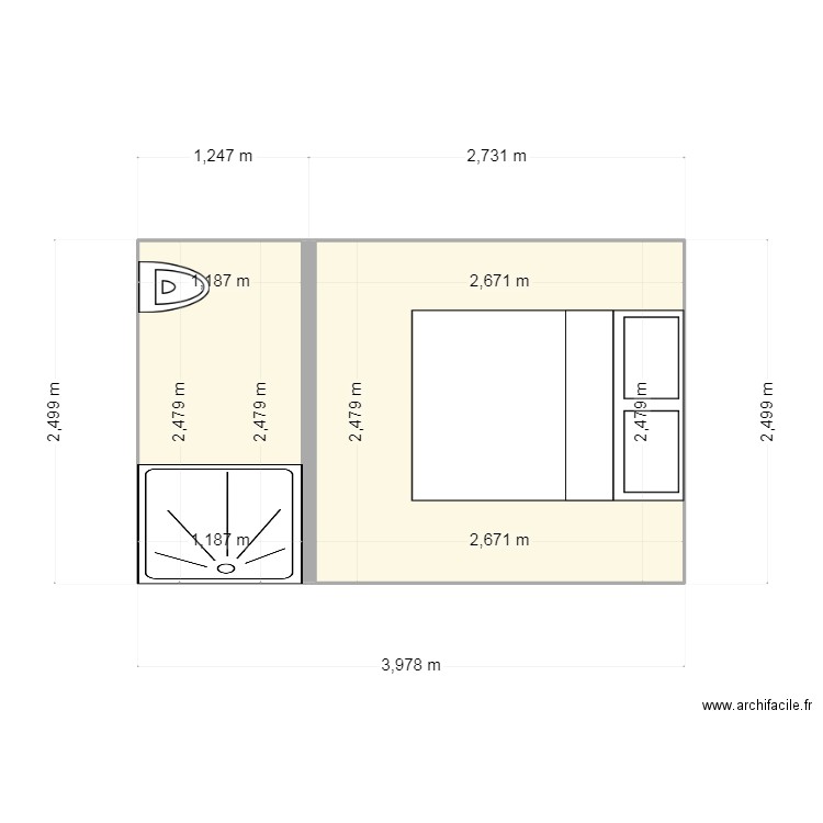 SDB. Plan de 2 pièces et 10 m2