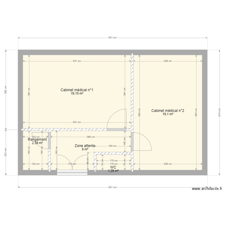 Cabinet médical 2 D. Plan de 5 pièces et 48 m2