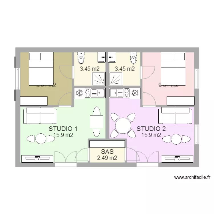 STUDIOS FINIS AVEC MEUBLE. Plan de 