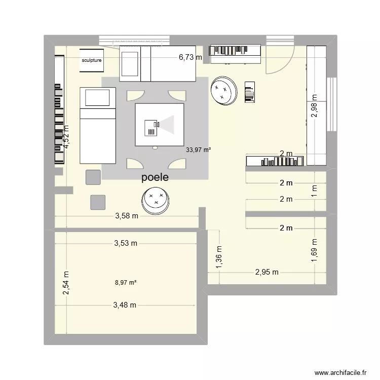 salon kairon V5. Plan de 2 pièces et 43 m²