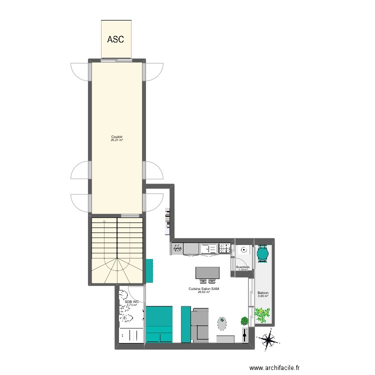 Studio. Plan de 5 pièces et 58 m2