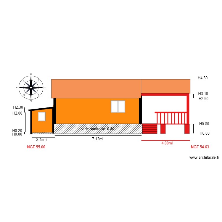 Facade EST               chalet 53. Plan de 10 pièces et 7 m2