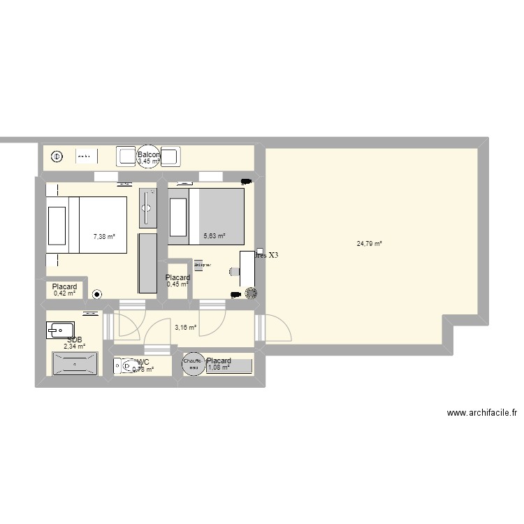 Chambres et couloir. Plan de 10 pièces et 49 m2
