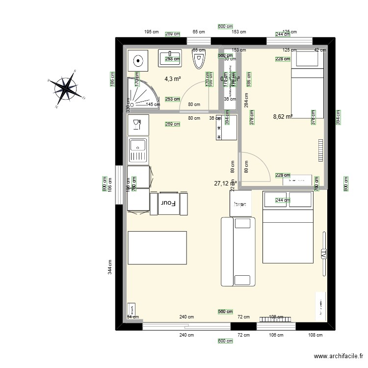 maison actuelle. Plan de 4 pièces et 56 m2