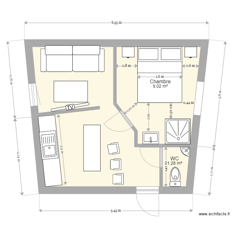 appart la grellerie 3. Plan de 5 pièces et 53 m2