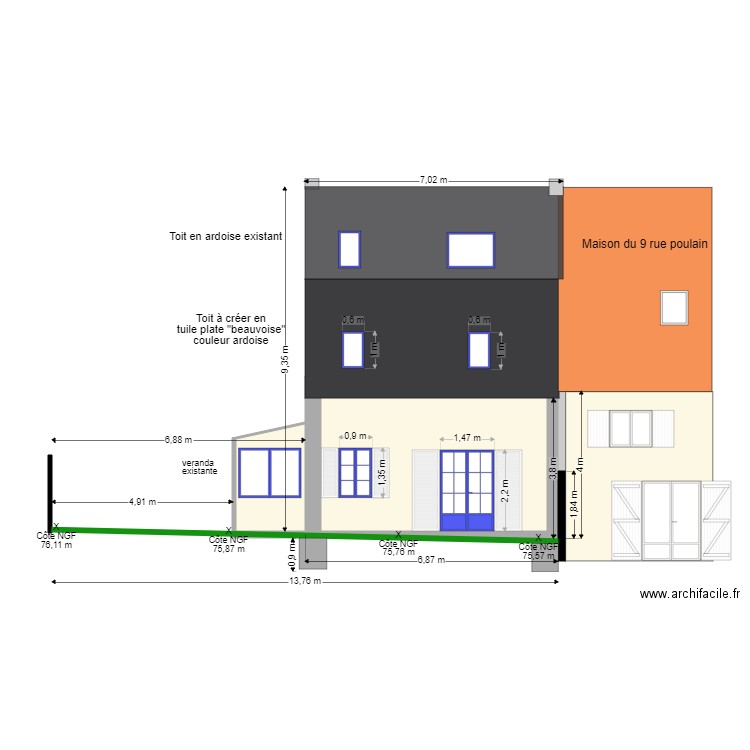Projet extension Facade. Plan de 2 pièces et 29 m2