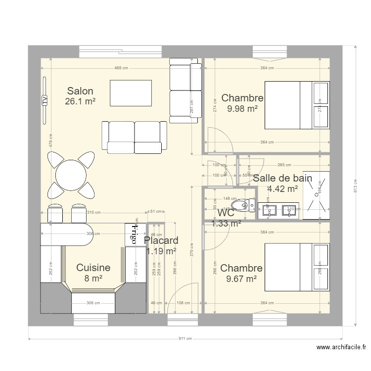 lambert. Plan de 7 pièces et 61 m2