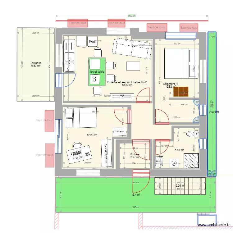 9x8m retrait&eacute;/e chambres Est. Plan de 