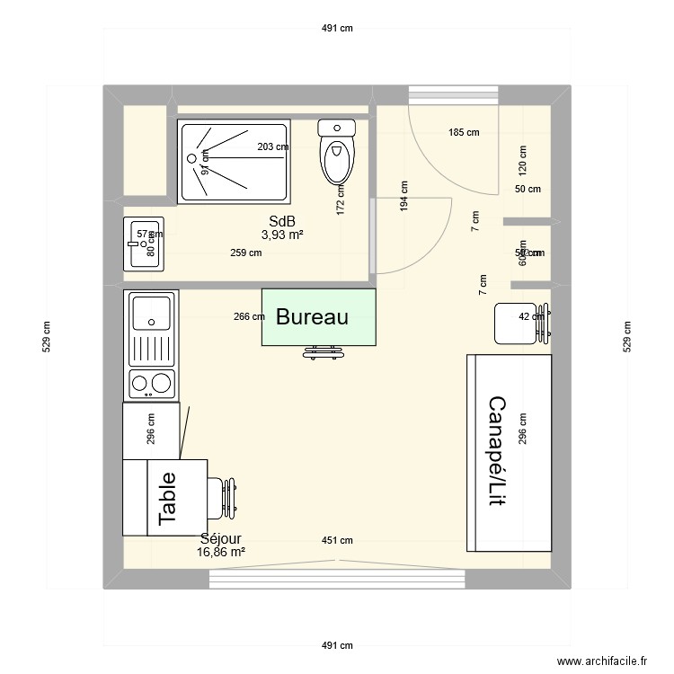 Studio V0. Plan de 4 pièces et 21 m2