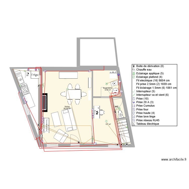 rdc avec electricité. Plan de 3 pièces et 42 m2