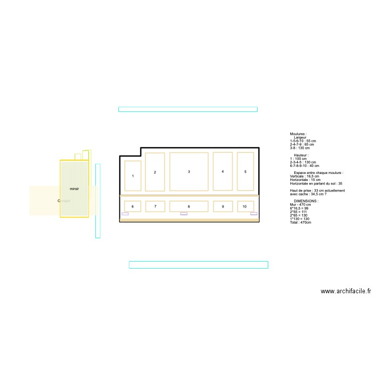 MOULURES N°11 - Modèle mur canapé - 16,5cm. Plan de 1 pièce et 12 m2