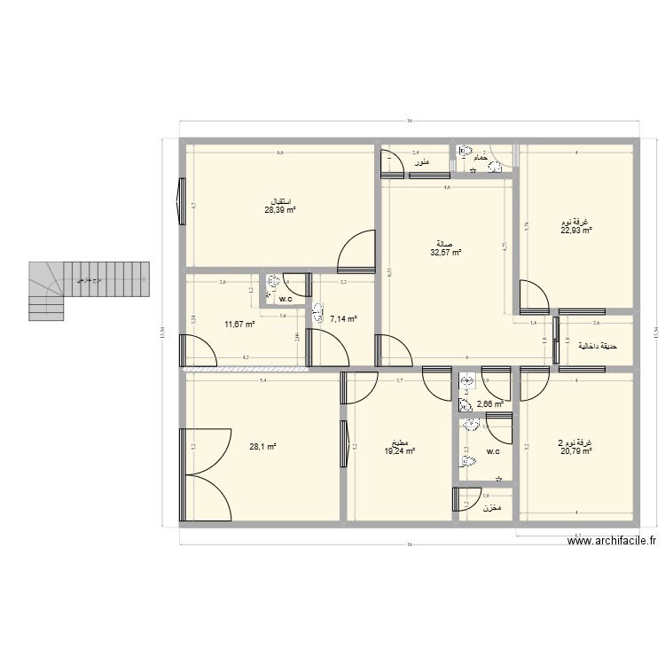 منزل 12.64*16. Plan de 15 pièces et 191 m2