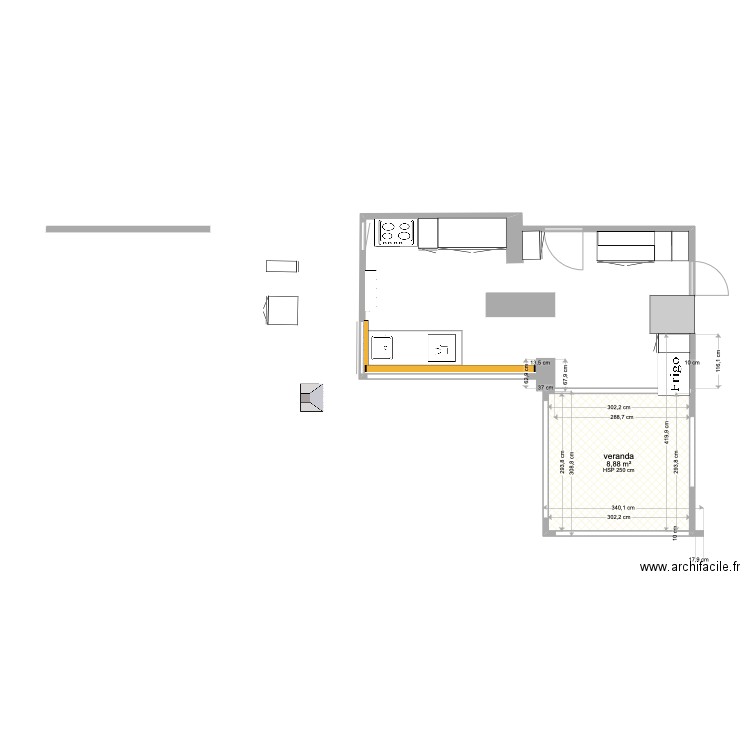 Cuisine. Plan de 1 pièce et 9 m2