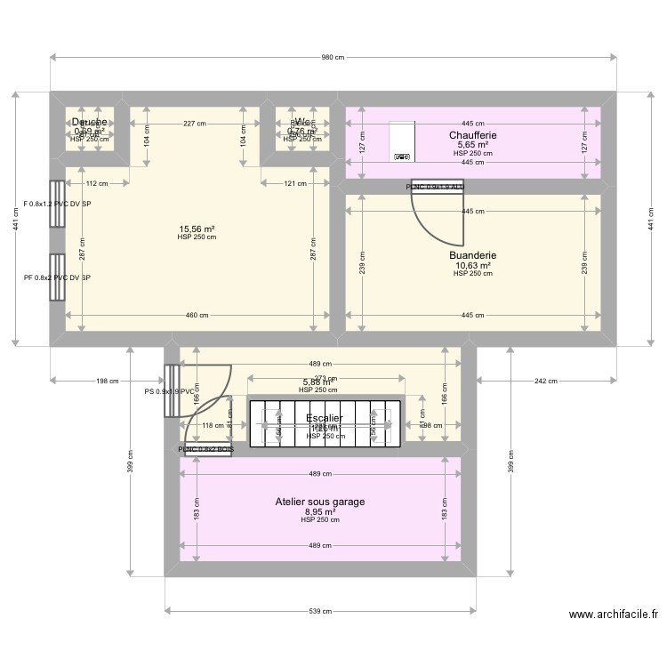 Sous sol Muller. Plan de 8 pièces et 49 m2